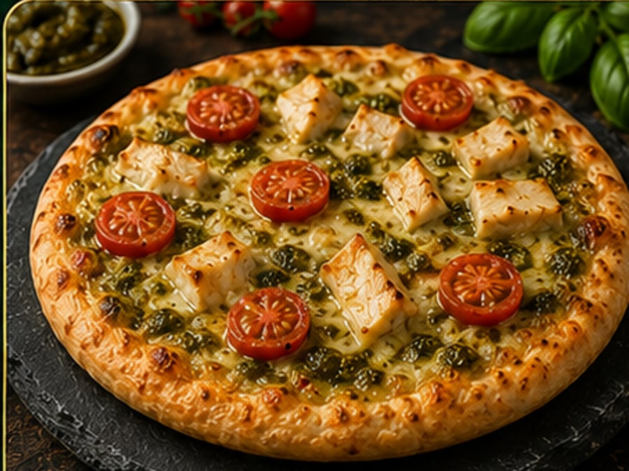 Pizza ronde poulet-pesto